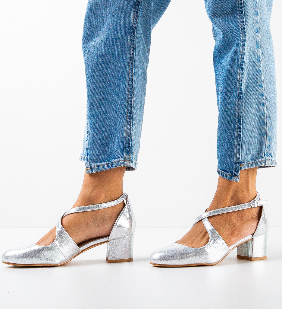 Pantofi Dama Argintii cu Toc Eleganți - imagine 2
