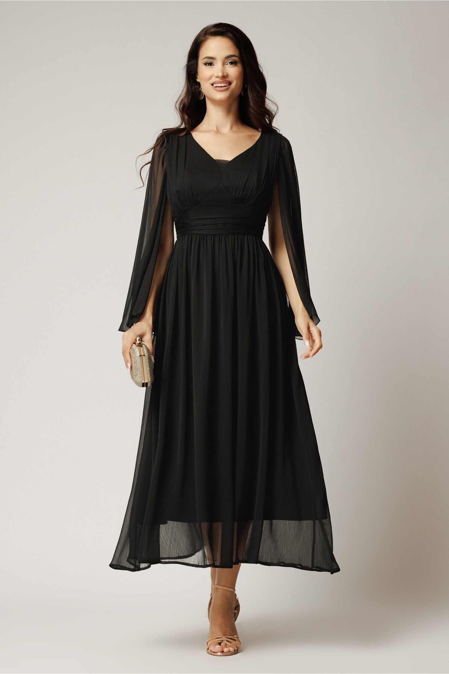 Rochie Neagra Eleganta din Voal Creponat