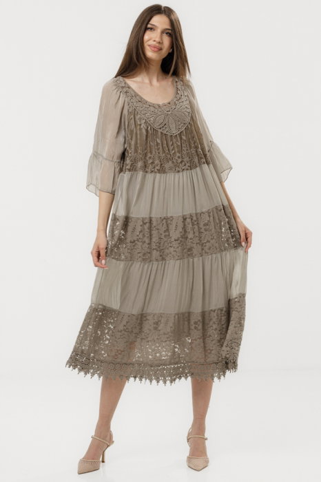 Rochie Shopika Mătase și Dantelă Bej Elegantă