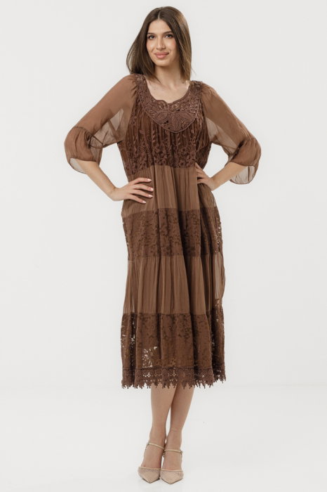 Rochie Shopika Mătase & Dantelă Maro Eleganță
