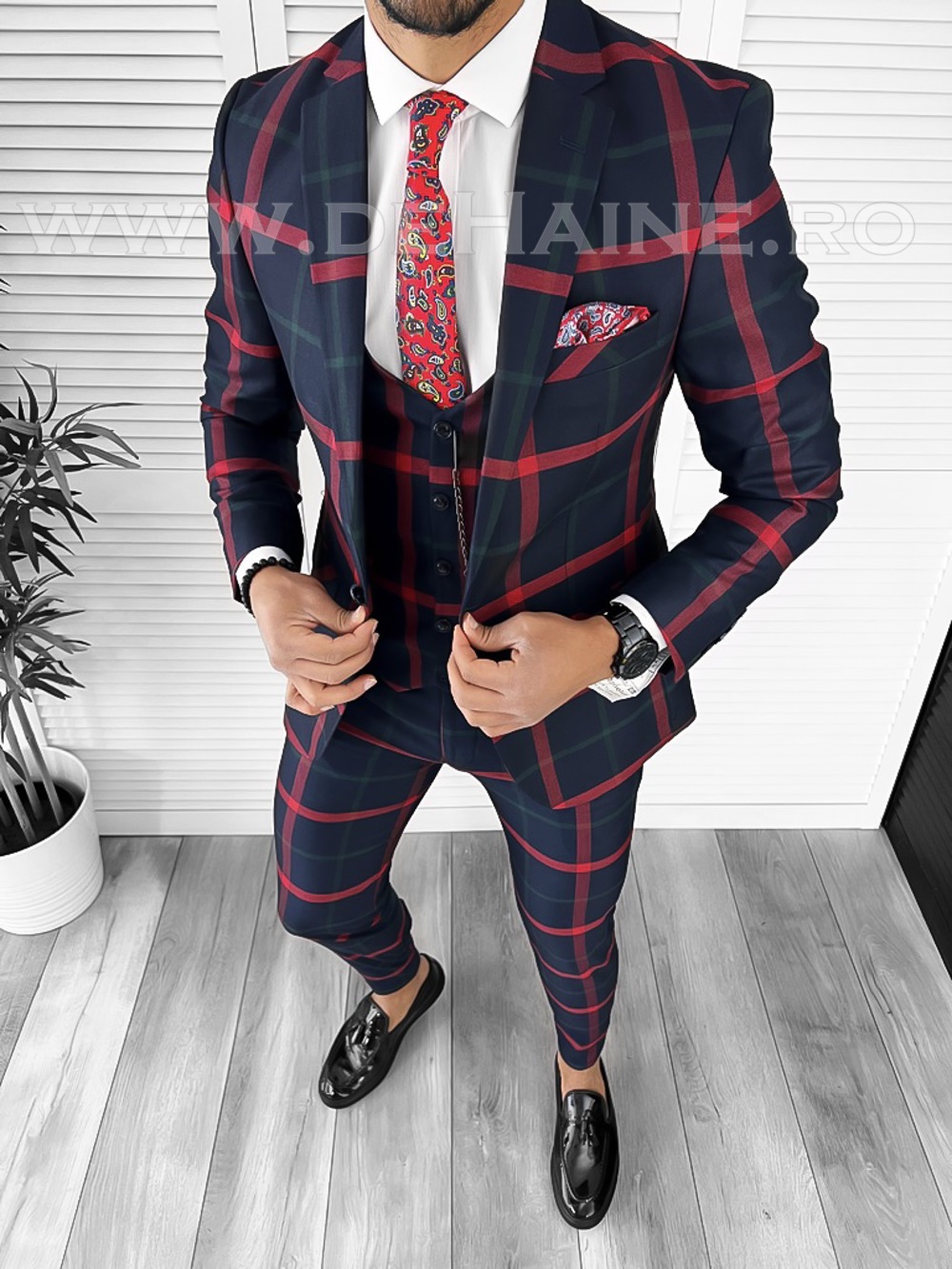 Costum Barbati Slim Fit Bleumarin Carouri B7921