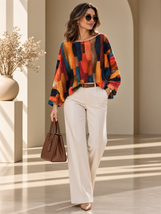 Bluza cu maneca fluture si imprimeu pictural  pensulat, rosu si albastru