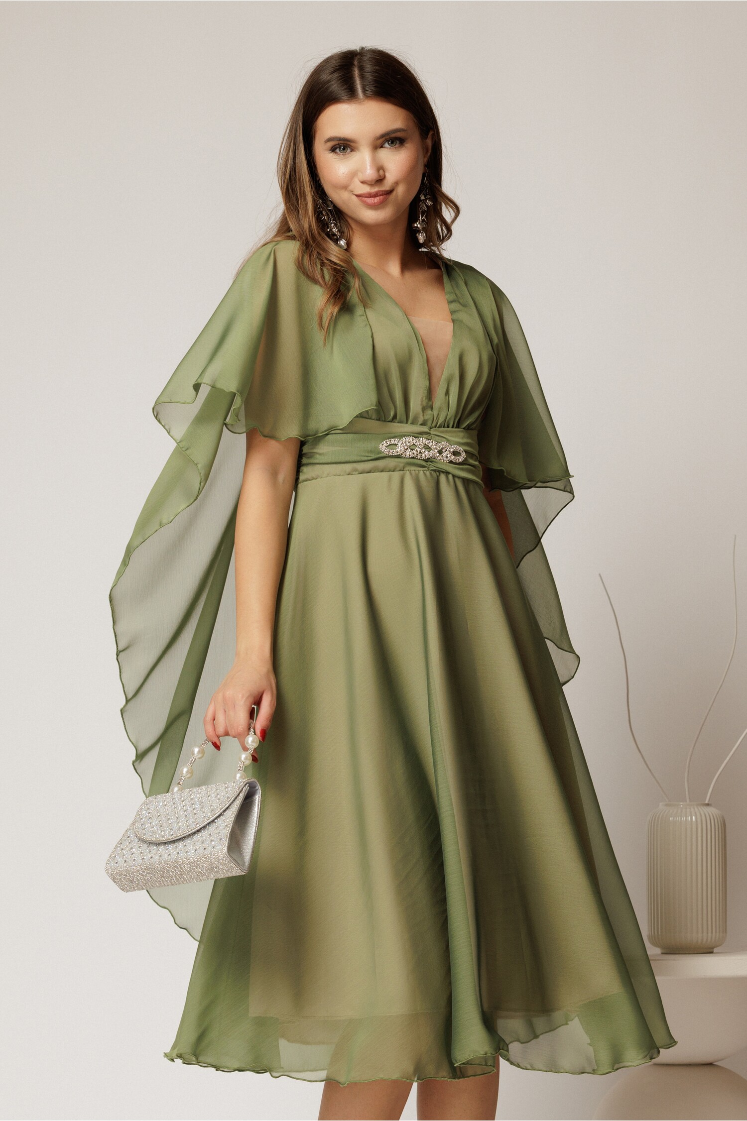Rochie Voal Verde cu Capă DY Fashion