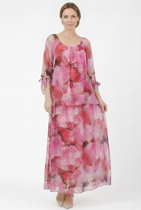 Rochie matase vaporoasa Shopika, imprimeu fucsia