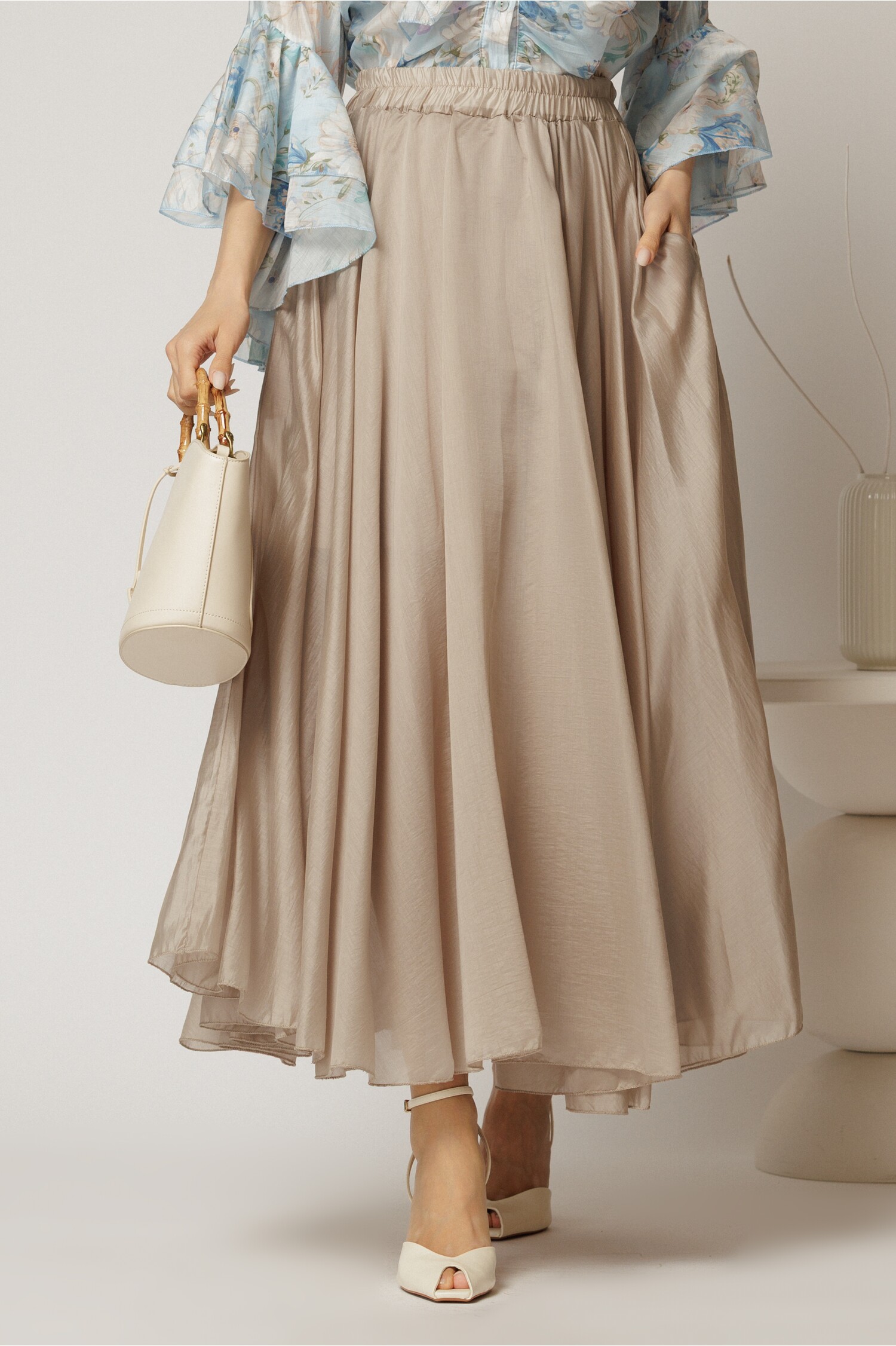 Fusta Midi Bej Tencel Clos cu Elastic