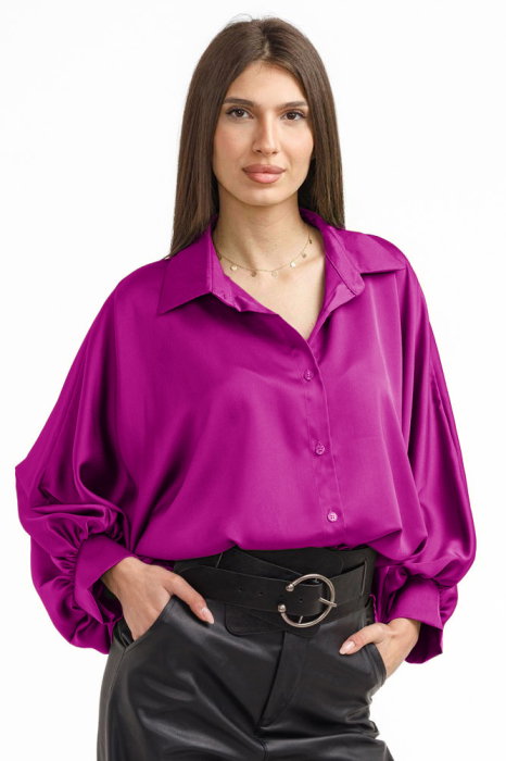 Camasa eleganta din satin, cu maneci bufante, magenta