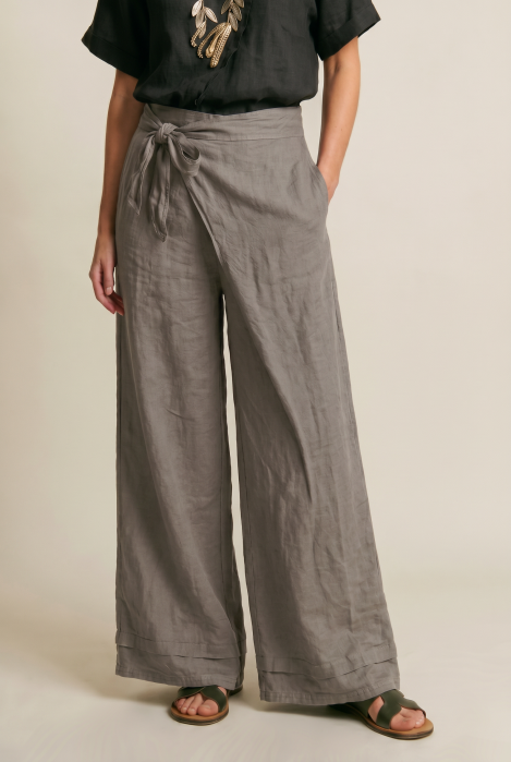 Pantaloni din in petrecuti, croi amplu, talie ajustabila, stil natural elegant, bej inchis