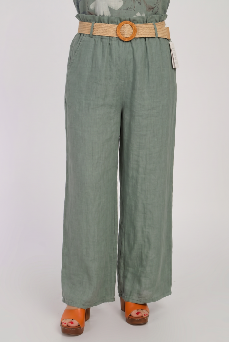 Pantaloni de vara din in, croi palazzo, cu curea in talie, kaki