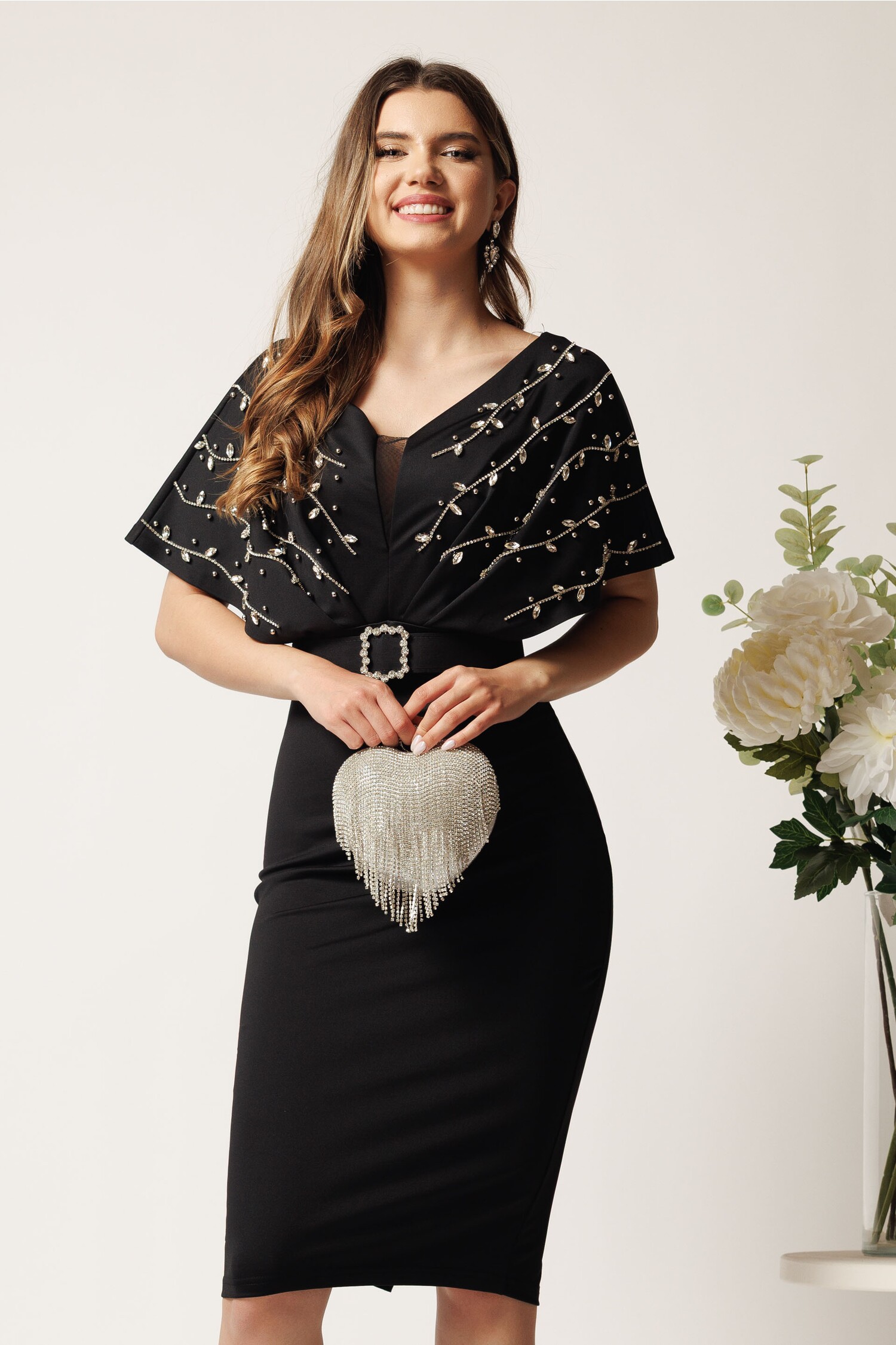 Rochie Neopren Neagra Eleganta cu Strasuri