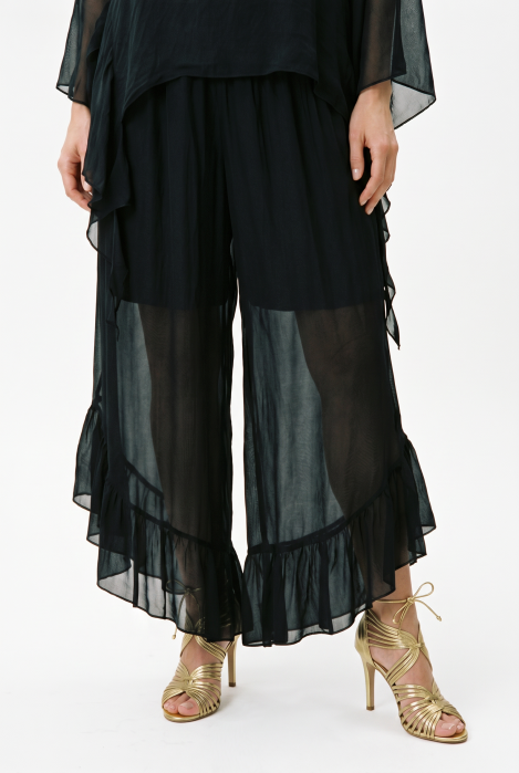 pantaloni dama eleganti din matase si vascoza cu volan la baza si dublura scurta, negri