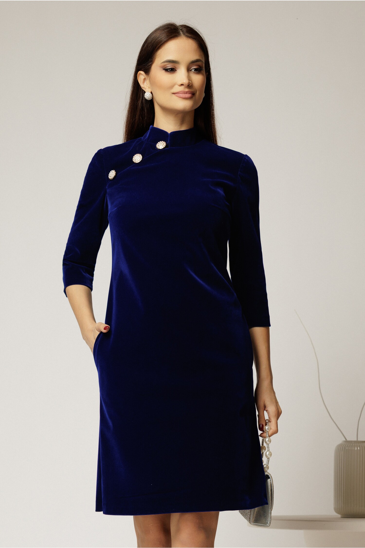 Rochie Catifea Bleumarin Eleganta cu Guler Tunica