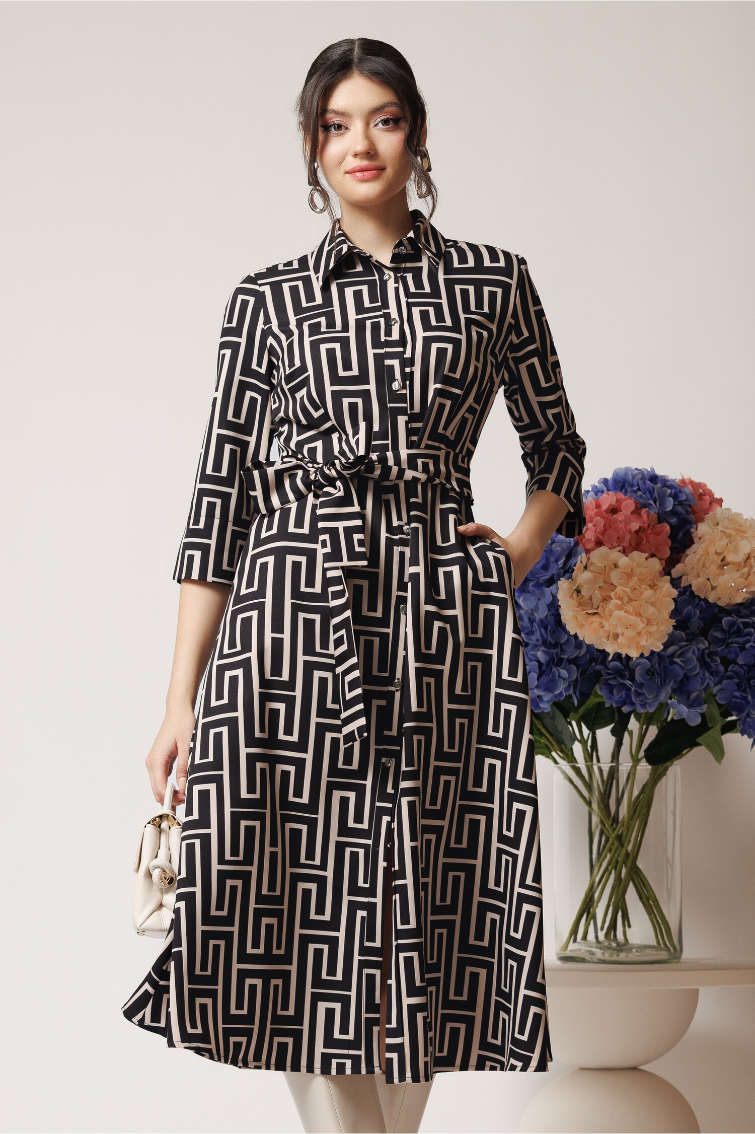 Rochie Office Neagra cu Imprimeu Ivory | Eleganță
