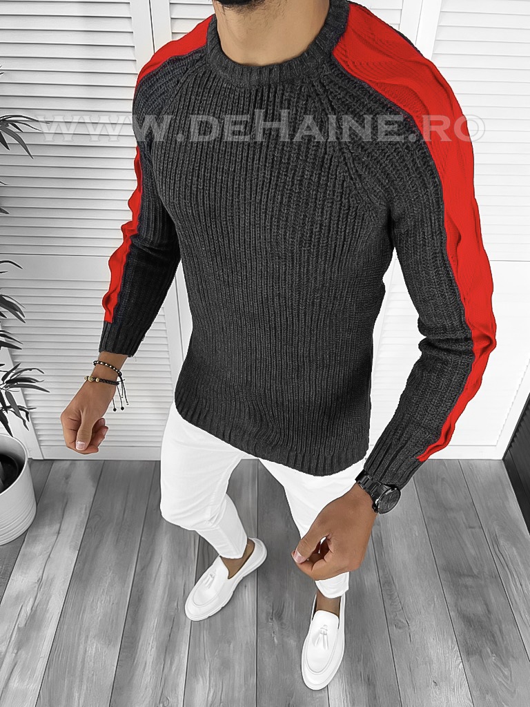 Pulover Gros Barbati Slim Fit Gri Elegant