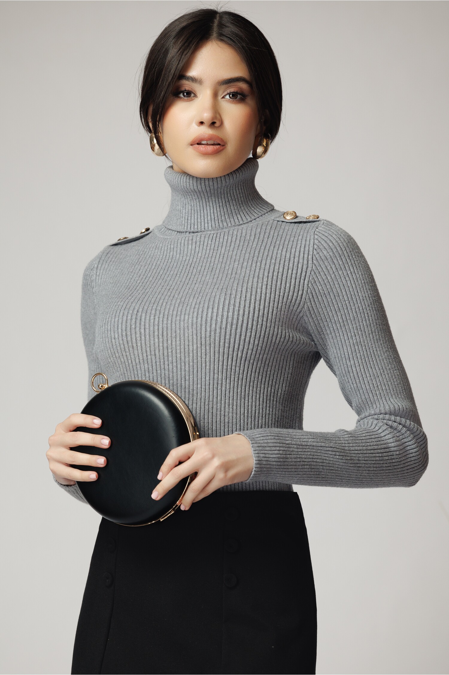 Maleta Casual Gri din Tricot Reiat cu Nasturi