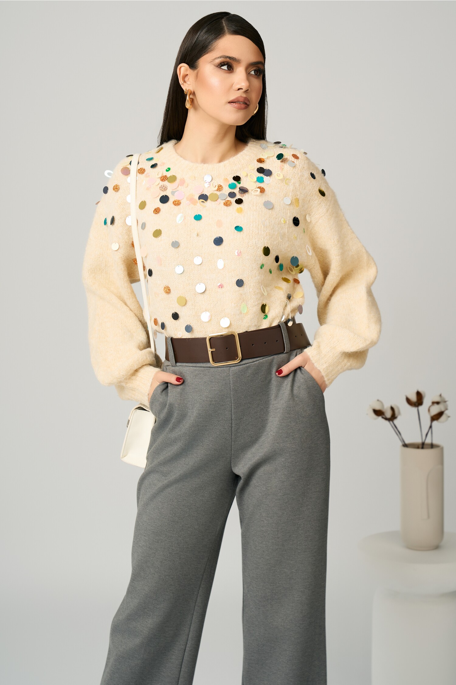 Bluza Ivory cu Paiete Maxi - Eleganță Casual