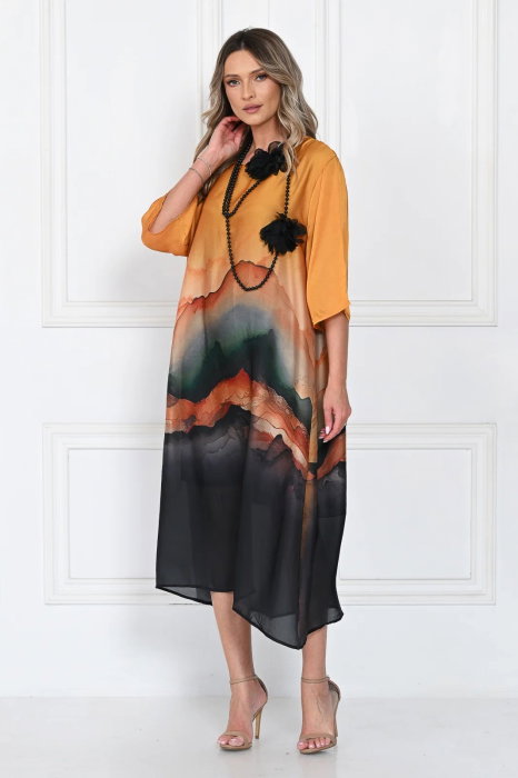 Colier lung, negru mat cu doua flori din organza