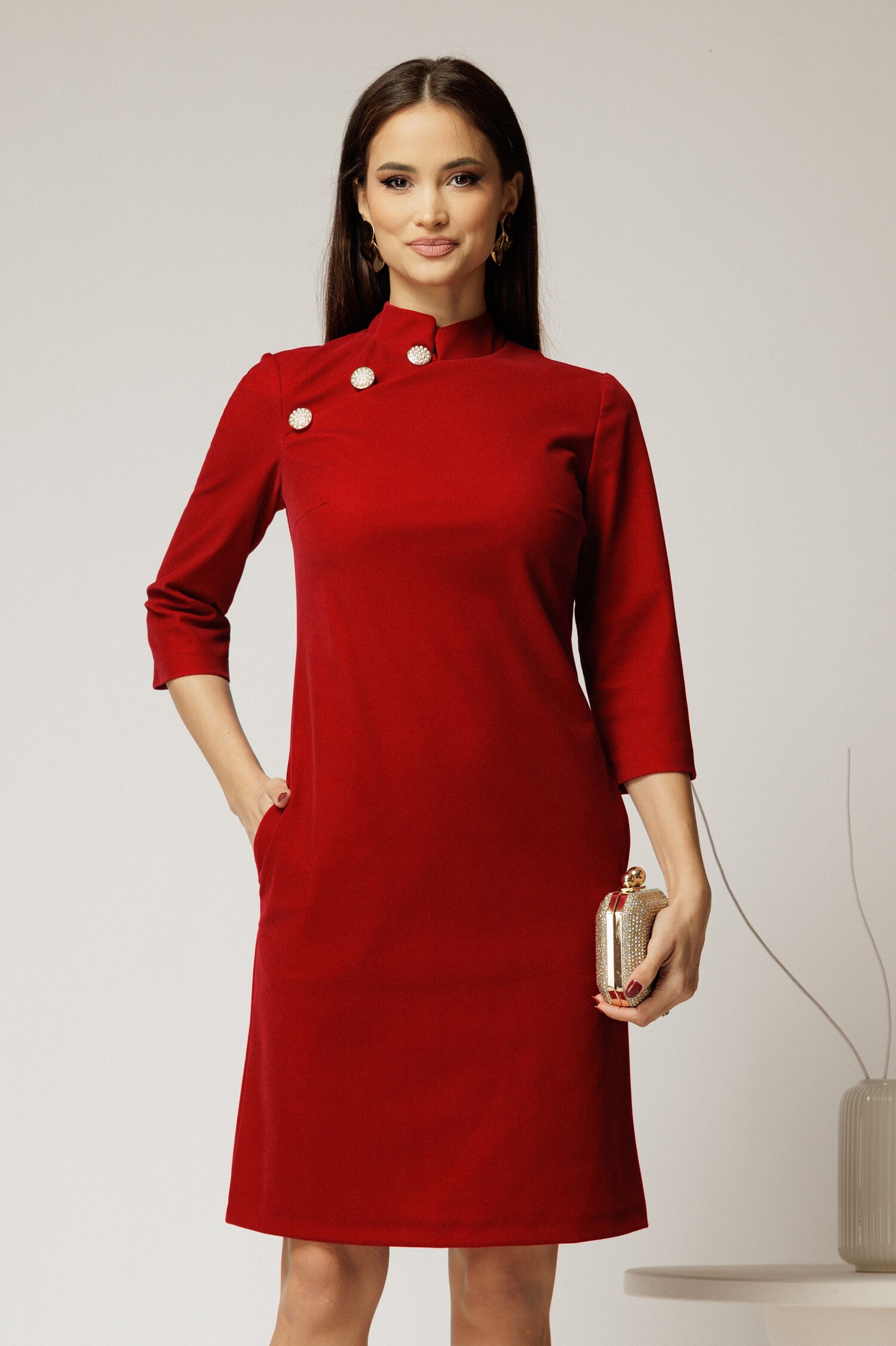 Rochie catifea rosie eleganta cu guler tunica