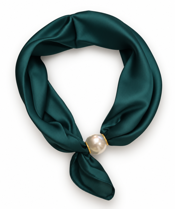 Esarfa colier satinata cu perla decorativa si inchidere magnetica, verde inchis