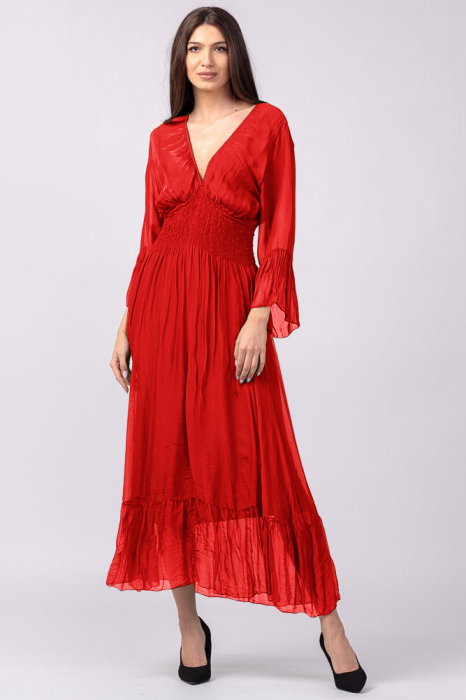 Rochie rosie Shopika matase vascoza cu volane