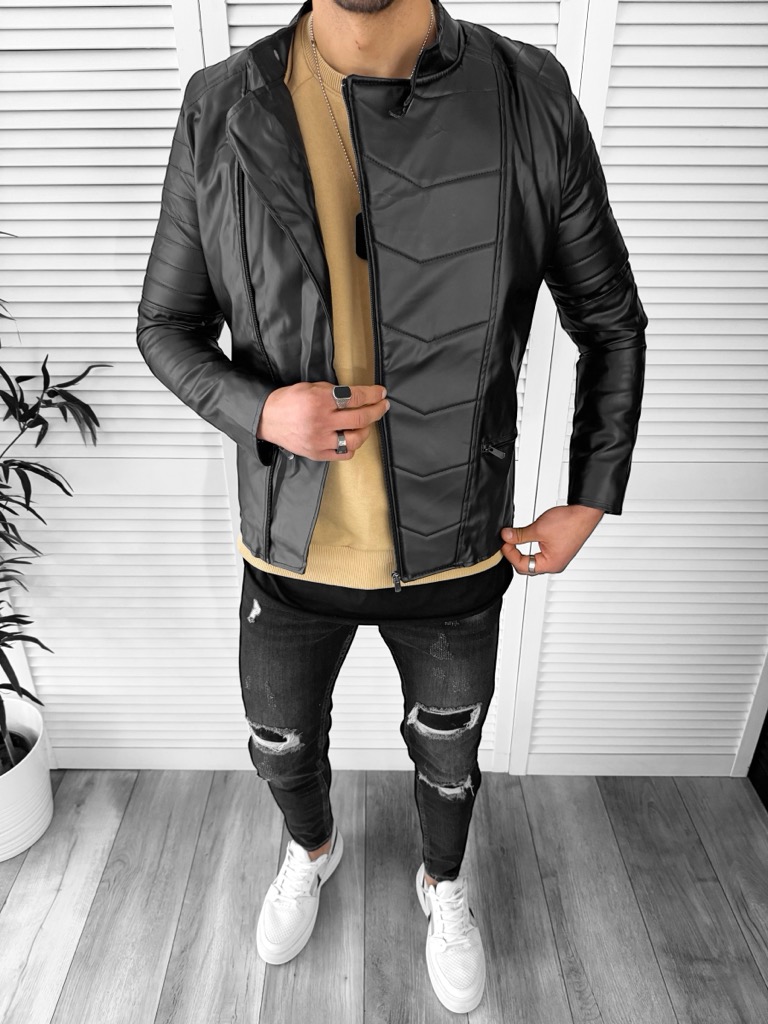 Geacă Bărbați Piele Ecologică Neagră Slim Fit