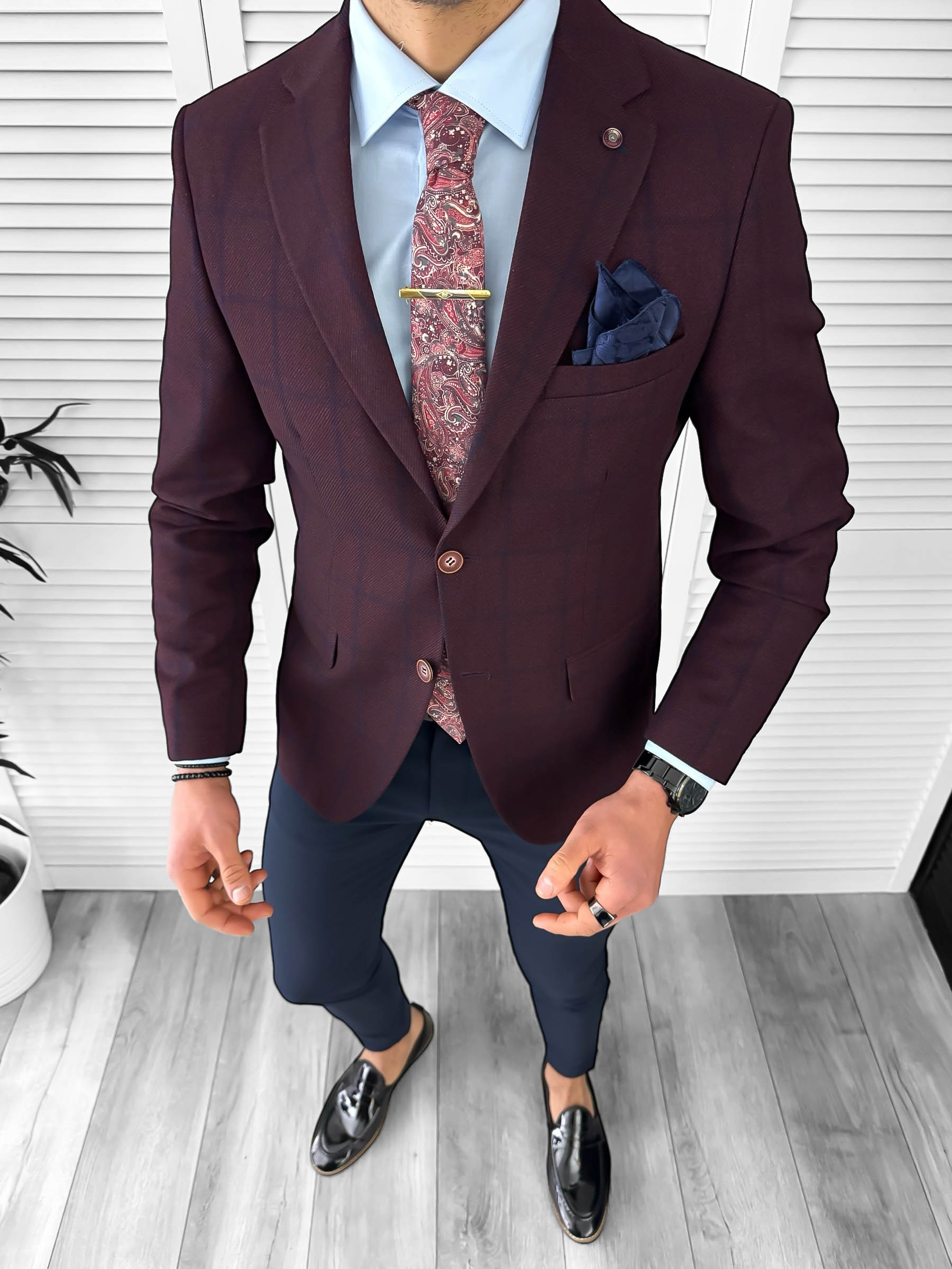 Sacou Barbati Slim Fit Grena cu Carouri - Elegant