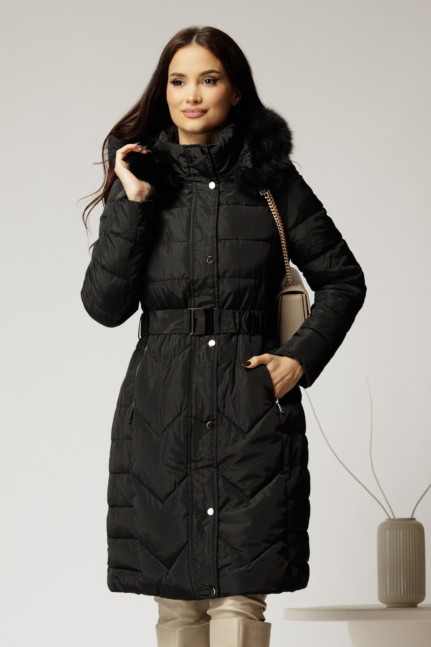 Geacă Dămă Neagră Elegantă cu Cordon în Talie