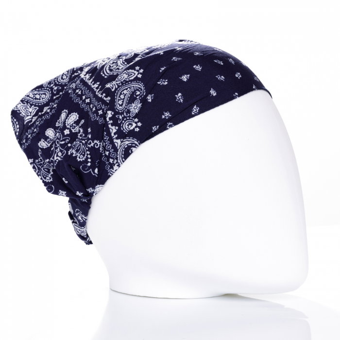Bandana Bleumarin Shopika cu Elastic, Imprimeu Alb