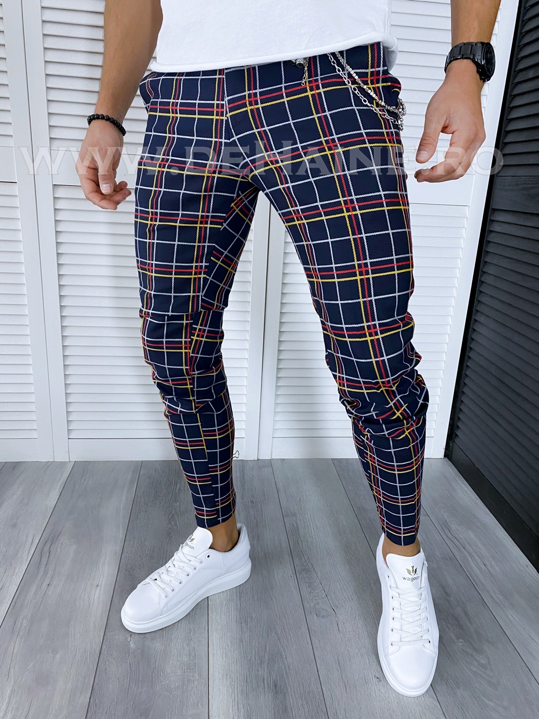 Pantaloni Casual Barbati Bleumarin Carouri Regular Fit