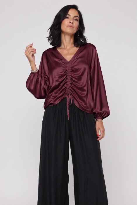 Bluza dama eleganta din satin de matase si vascoza cu fronseu reglabil - bordo