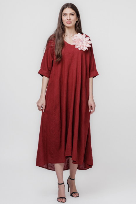 Rochie lunga A-line oversize, din in, bordo