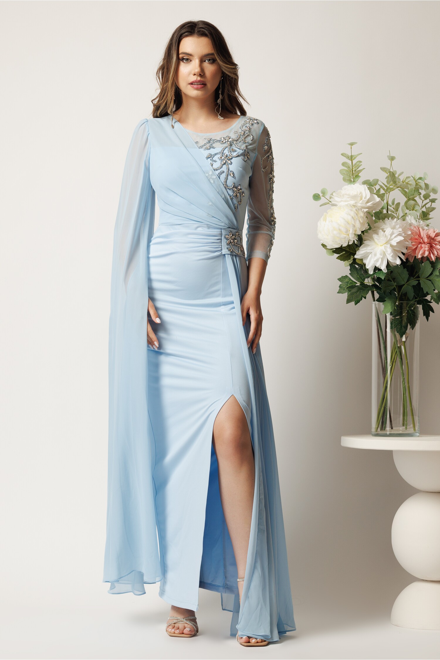 Rochie Bleu Neopren cu Strasuri și Tull | Eleganță - imagine 1