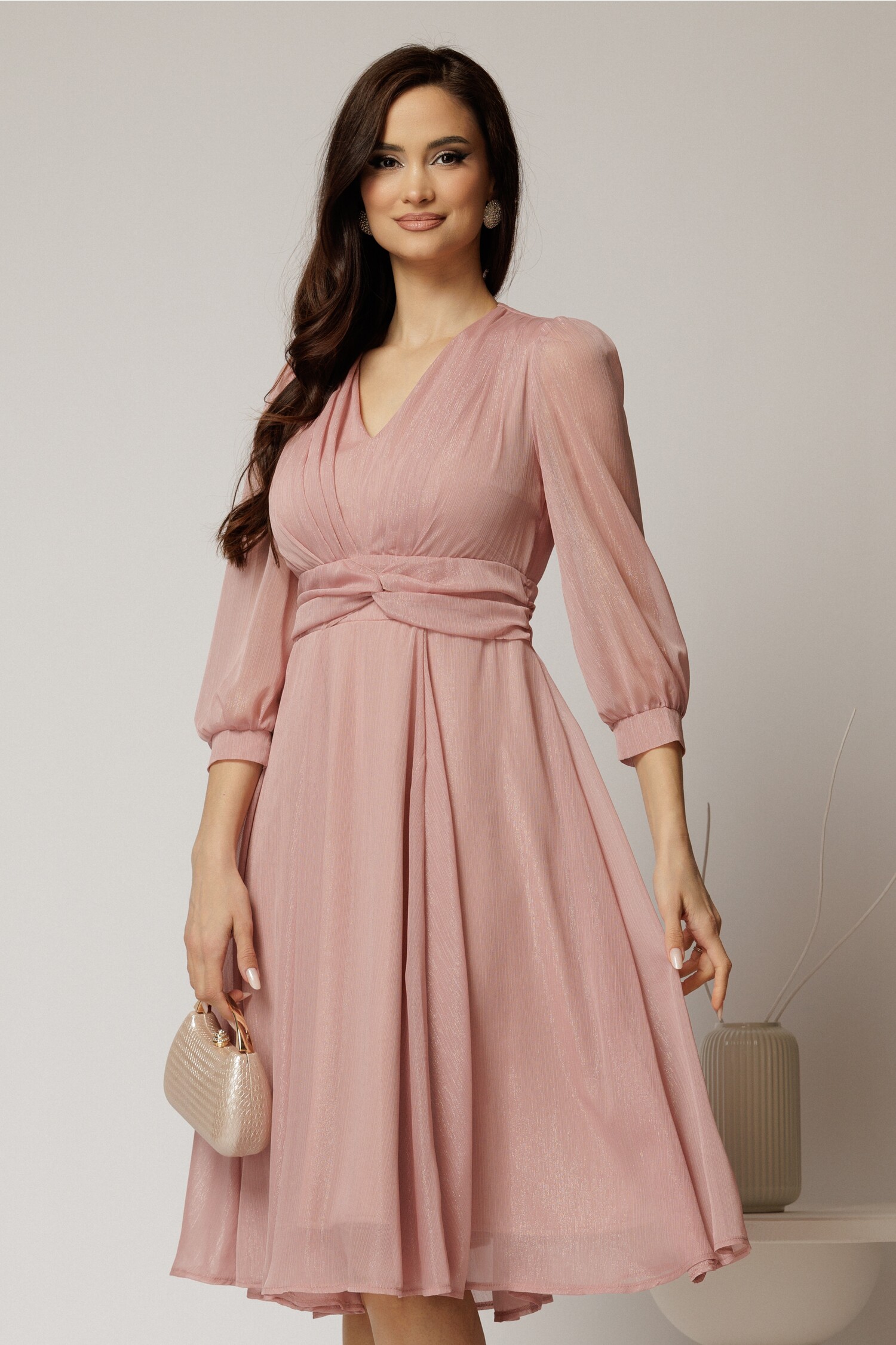Rochie Gina Midi Roz Voal Lurex Eleganta