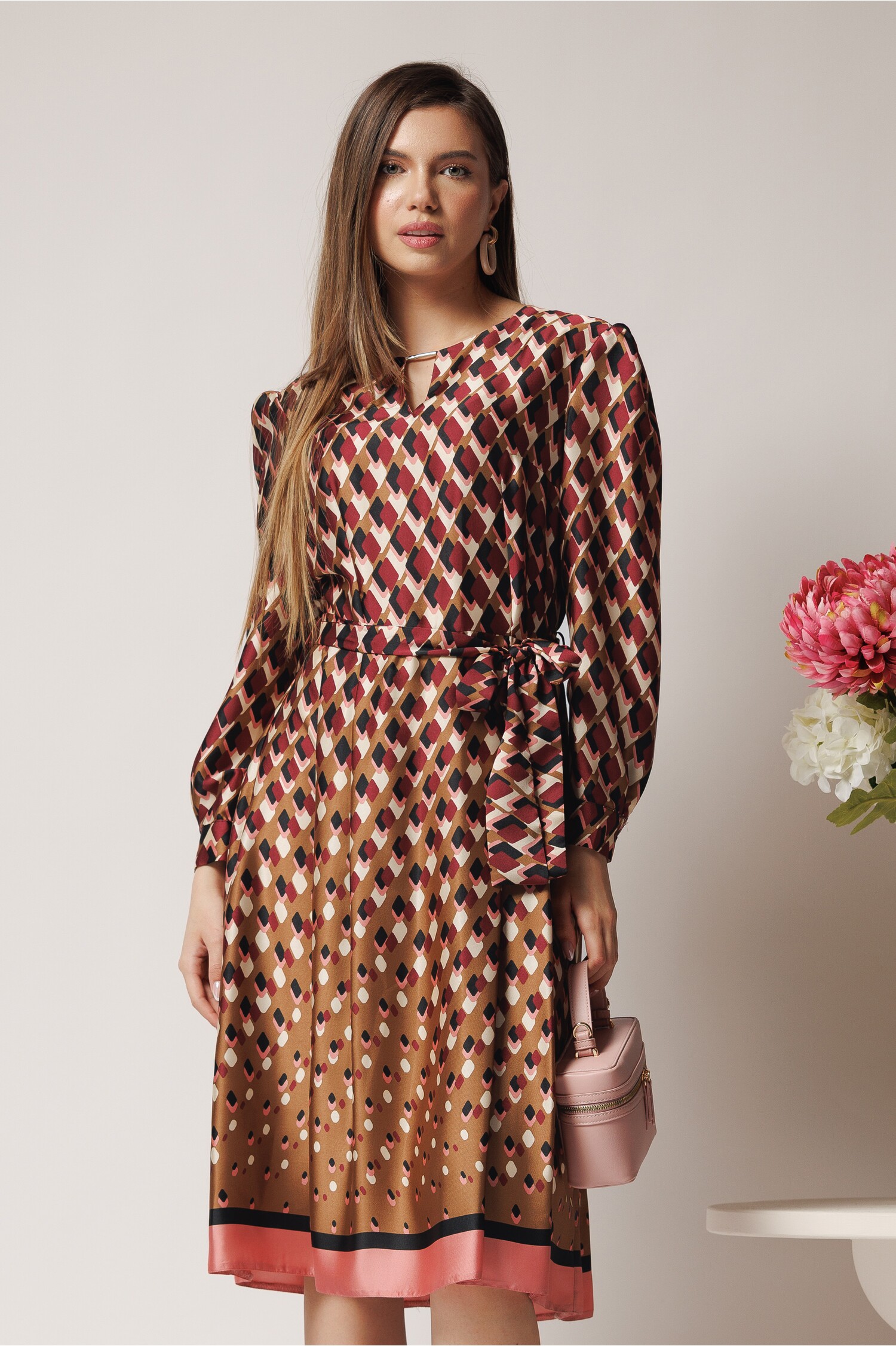 Rochie Office Elegantă cu Imprimeu Bordo