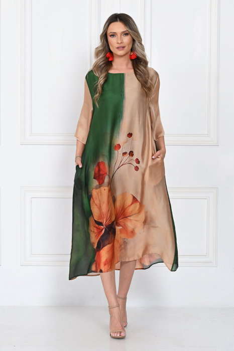 Rochie Shopika A-line Satinată Florală Verde