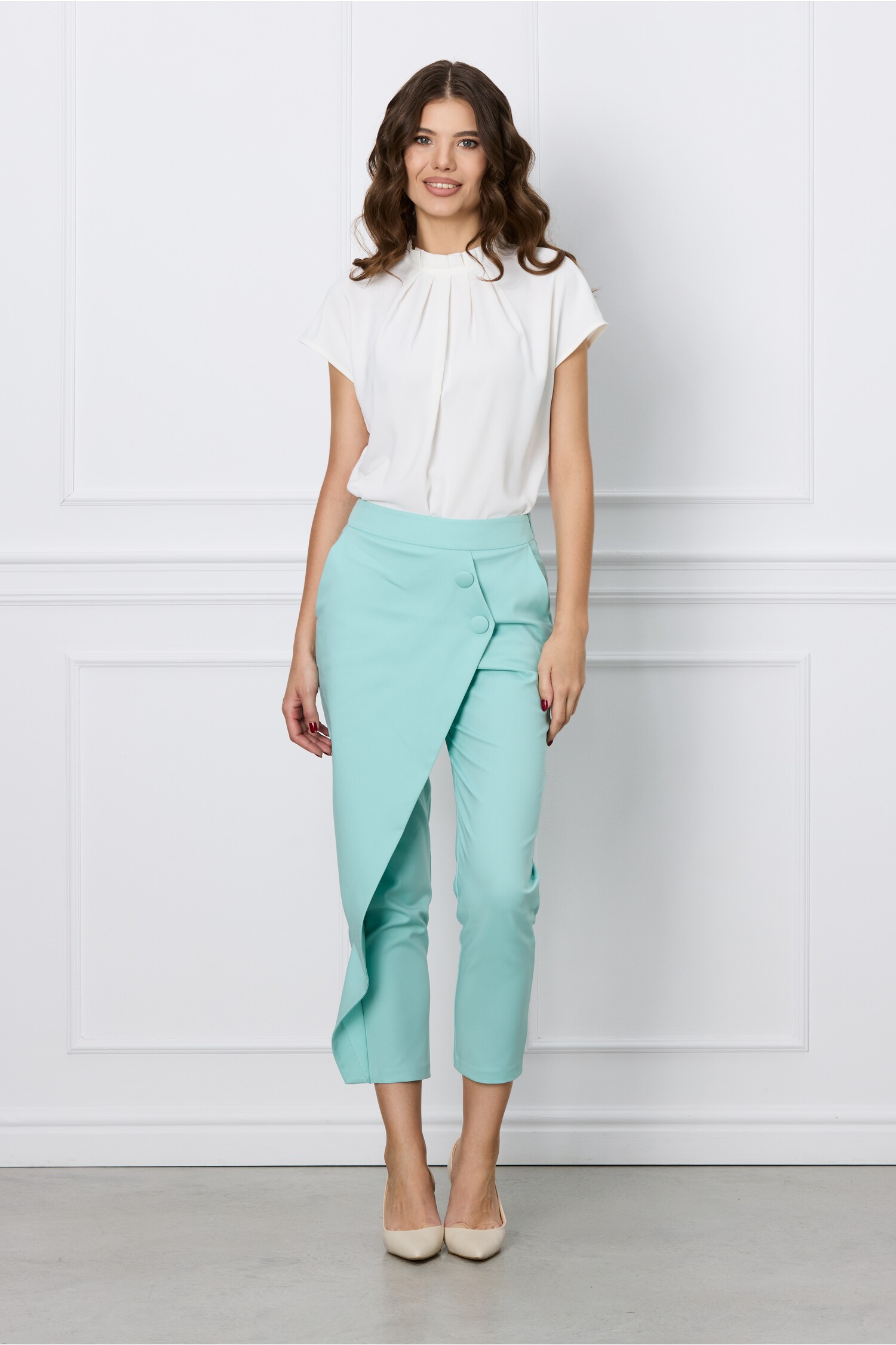 Pantaloni Dama Verde Mint Talie Înaltă Eleganți