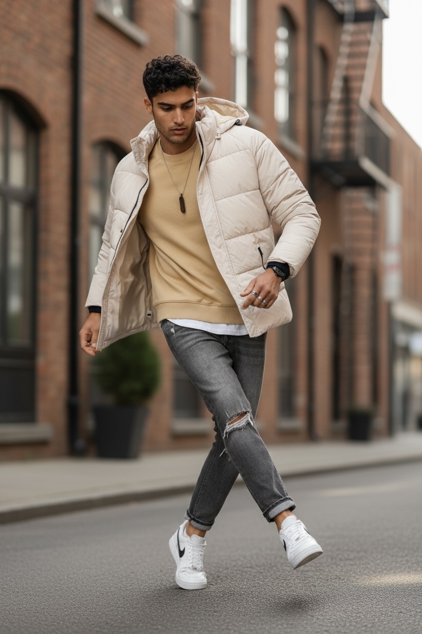 Geacă Barbati Iarnă Imblănită Bej Stil Modern