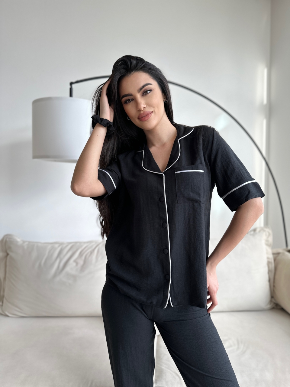 Set Pijama Dama 2 Piese Delis cu Nasturi - Negru - imagine 5