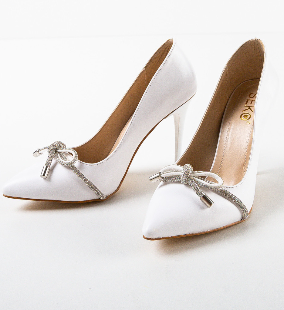 Pantofi Kroba Albi Eleganți cu Toc - imagine 5