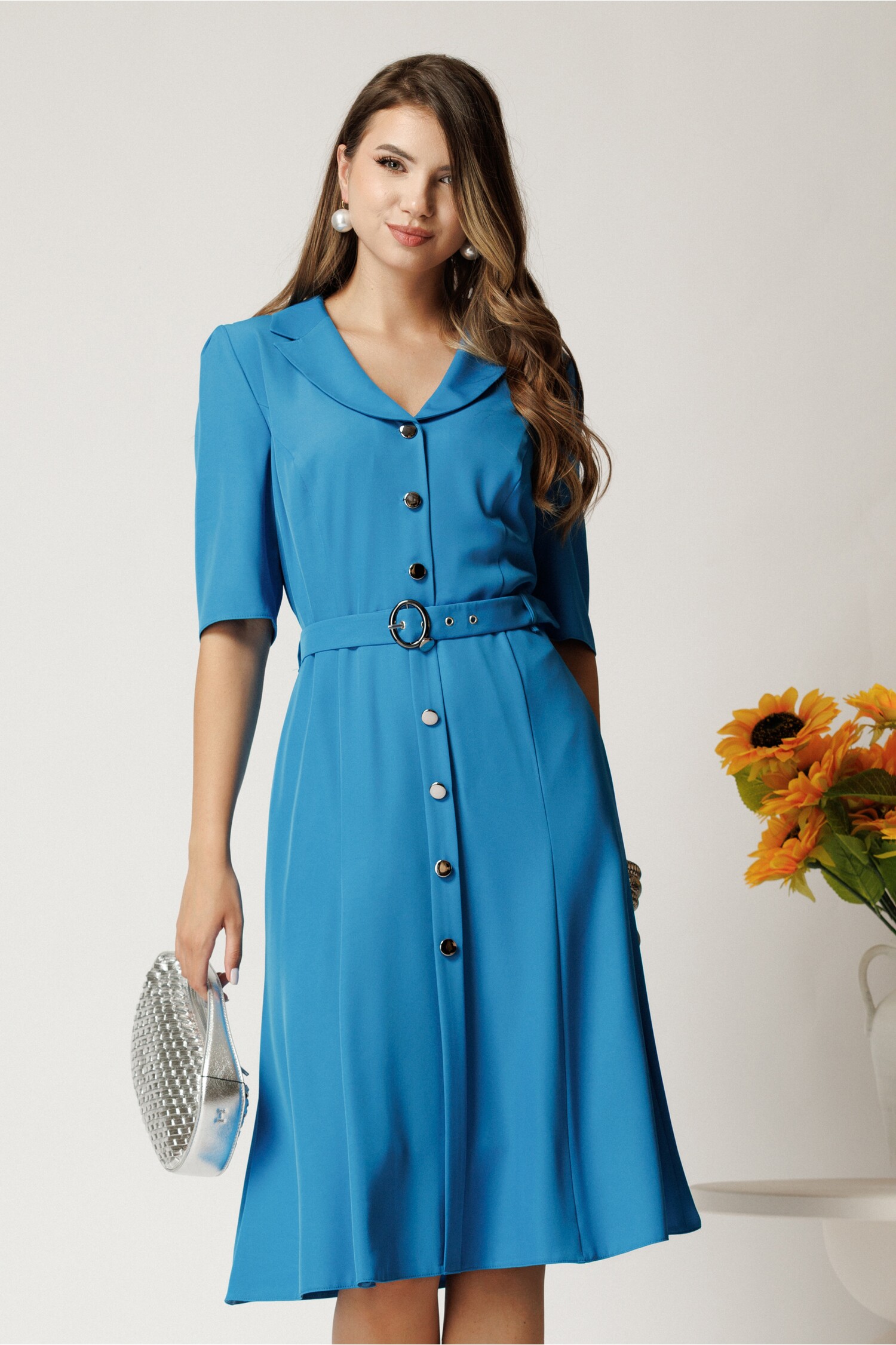 Rochie Midi Albastru Triplu Voal cu Nasturi