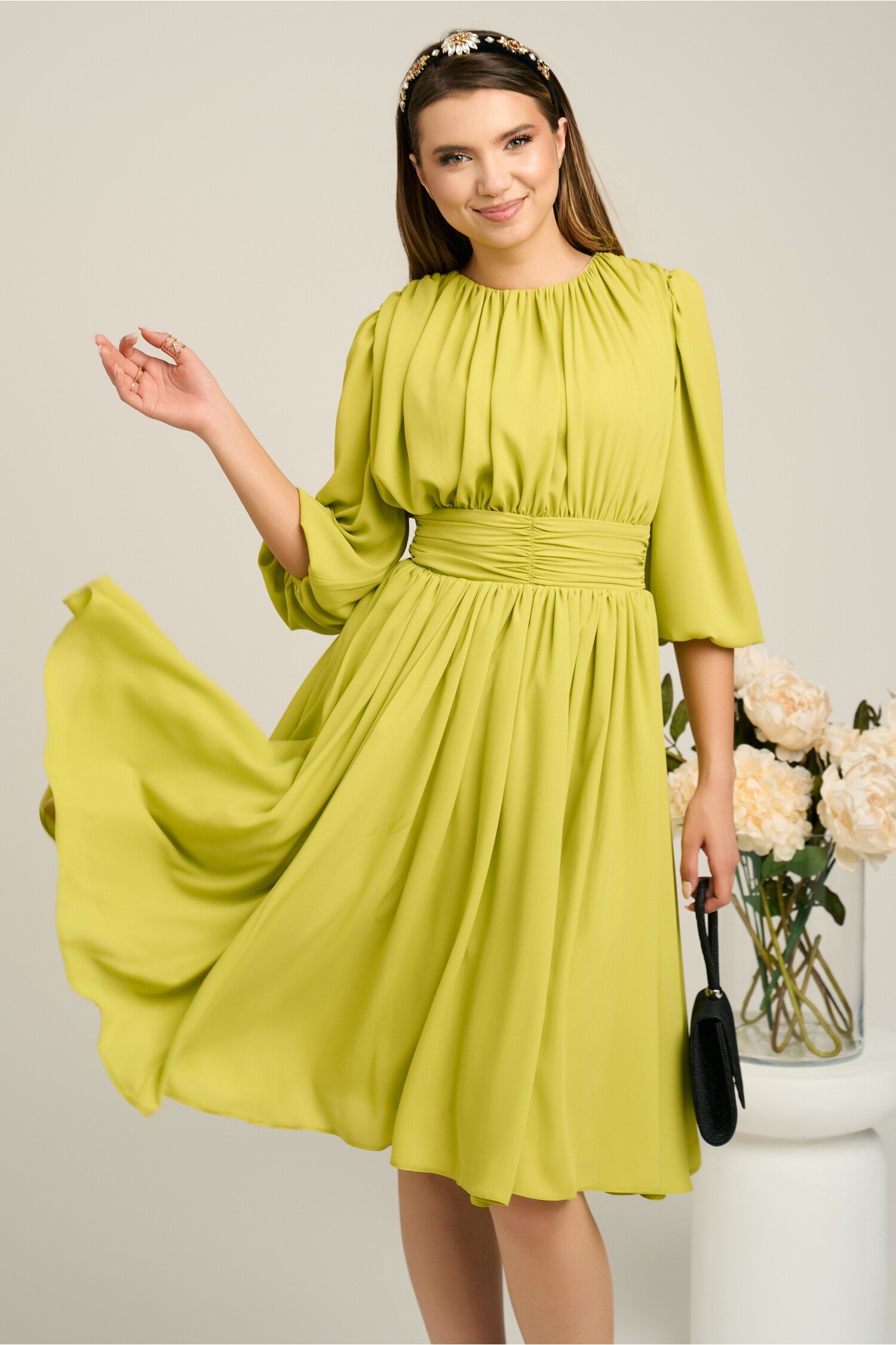 Rochie DY Fashion Voal Verde Lime Clos cu Pliuri