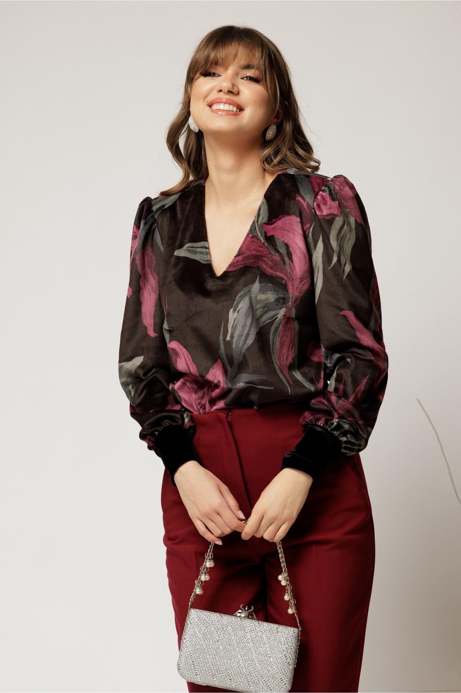 Bluză Catifea DY Fashion Imprimeu Mov Decolteu V