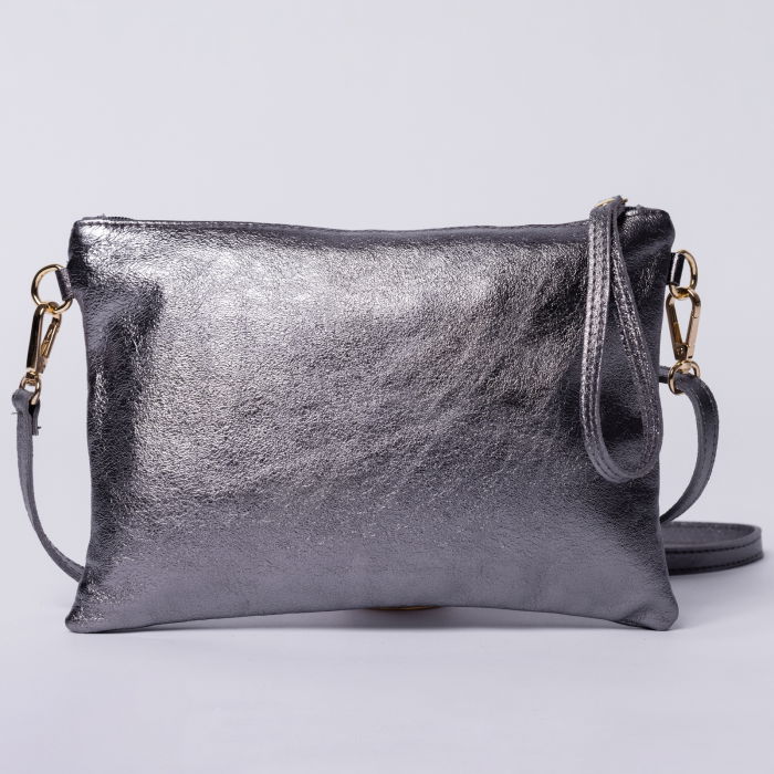 Geanta Crossbody Shopika Piele Naturala Argintiu