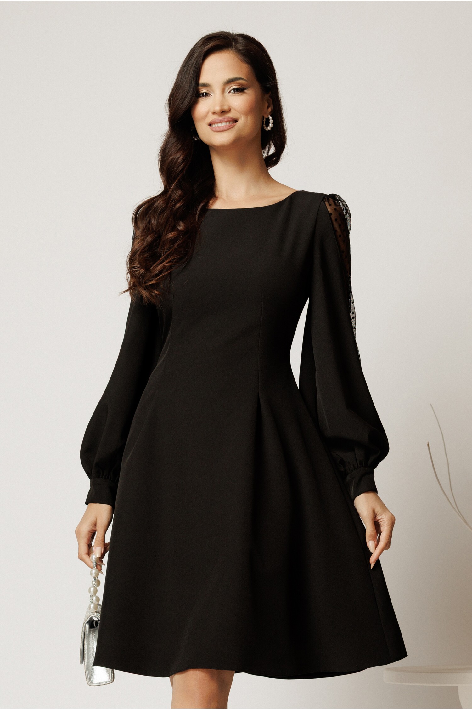 Rochie Neagra DY Fashion cu Maneci Tull Eleganta