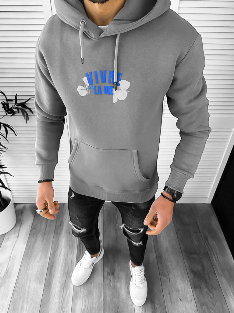 Hanorac Barbati Slim Fit cu Imprimeu Gri