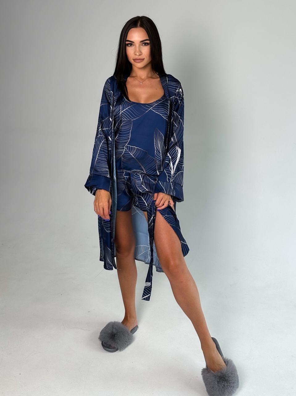 Set Pijama Dama 2 Piese Delis Albastru Satin - imagine 4