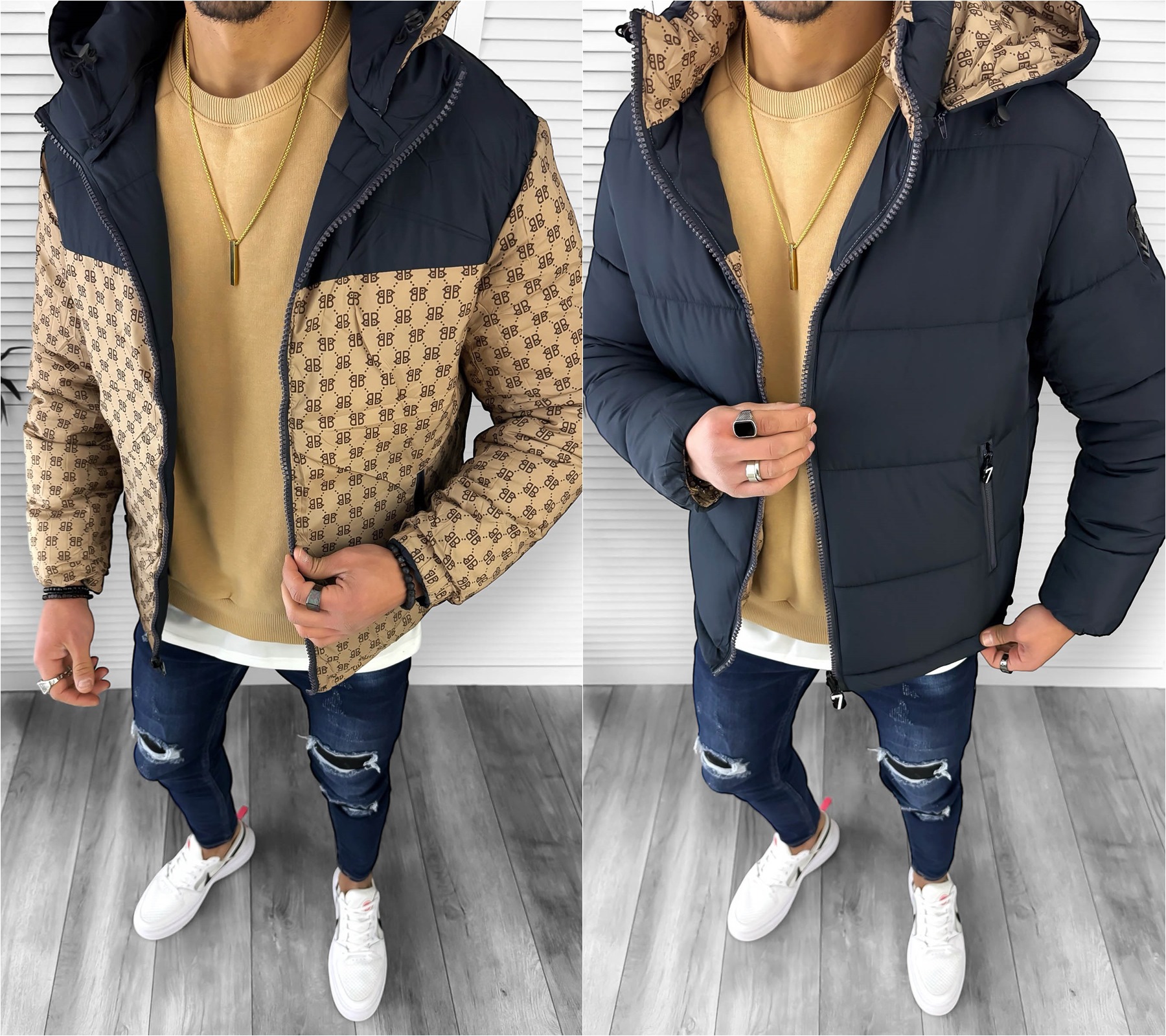 Geacă Reversibilă Bărbați Iarnă Bleumarin Slim