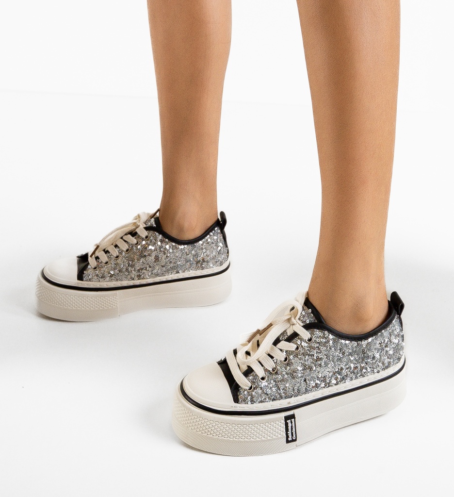 Sneakers Dama Argintii cu Paiete - imagine 3