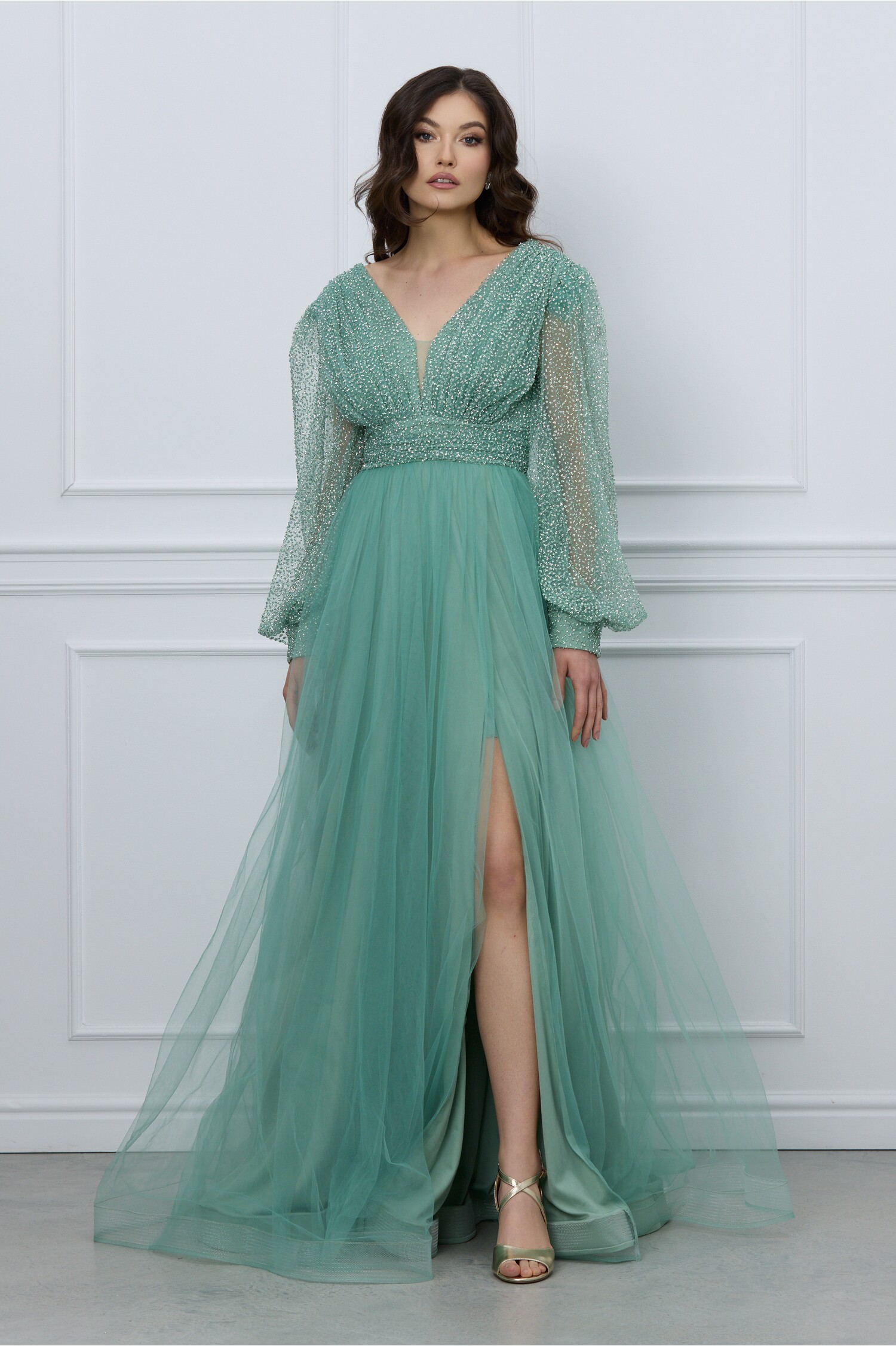 Rochie Julie Lunga Verde Menta cu Strasuri