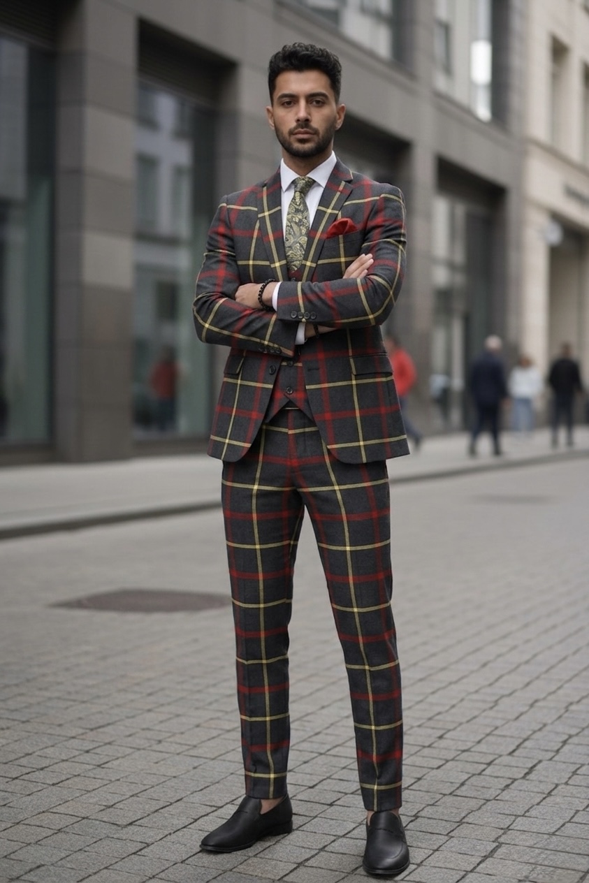 Costum Barbati Slim Fit în Carouri | 3 Piețe - imagine 2