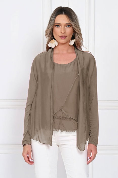 Blazer dama lejer cu design fluid si insertie din matase, croi relaxat, bej fango